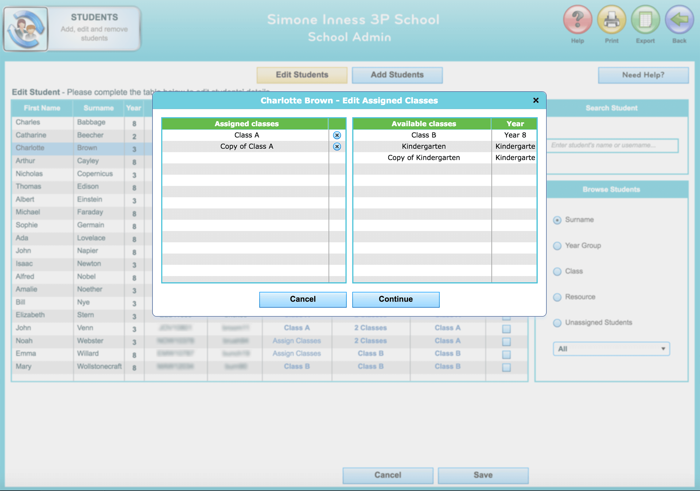 School Roll Edit Classes Old System